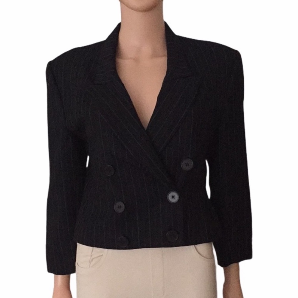 Vintage Evan Picone Virgin Wool Cropped Double Breasted Pinstriped Blazer Size 8 - Picture 1 of 11